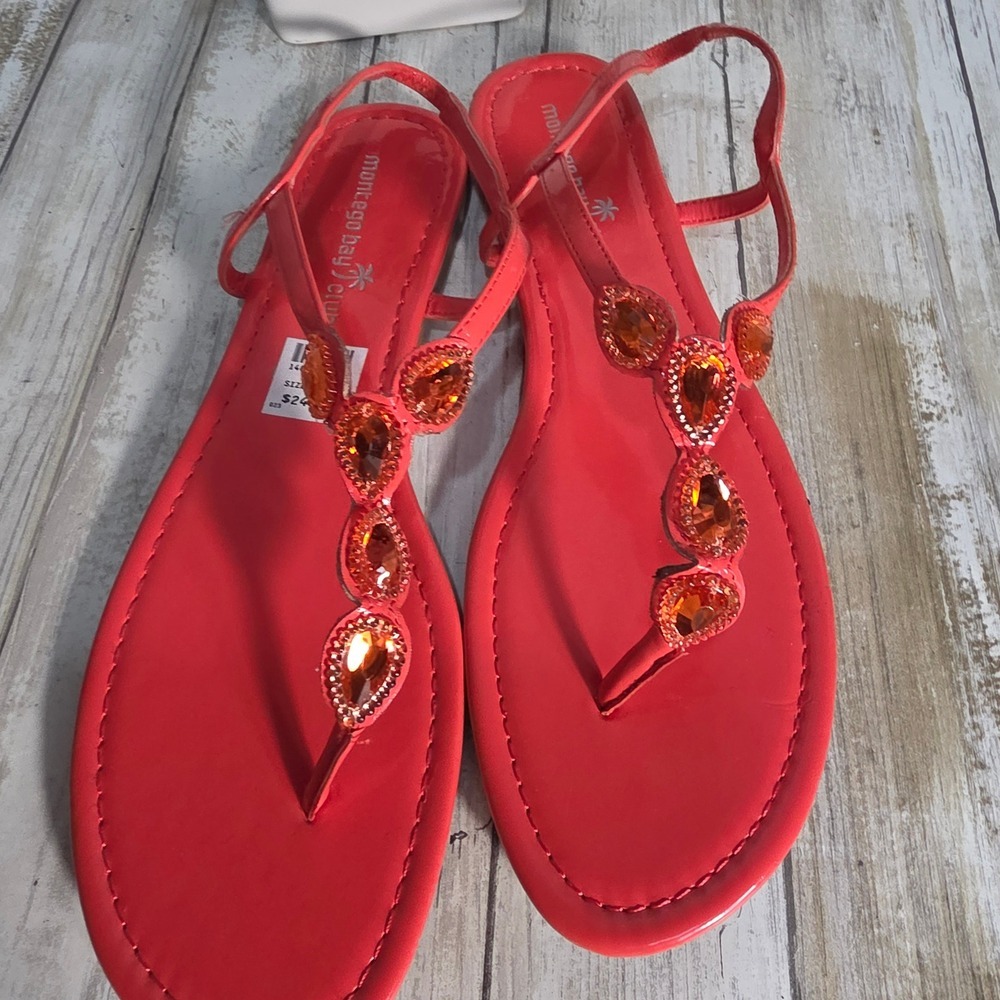 Montego Bay Club Womens Red Patent Rhinestone Slingback Thong Sandals Size 10